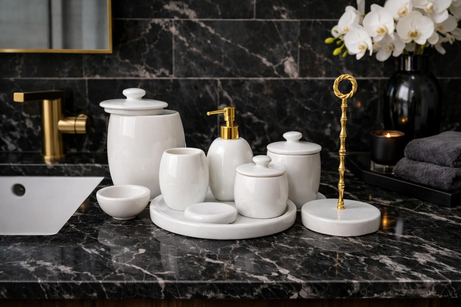 Beyaz Mermer 7li Banyo Seti