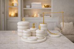 Beyaz Mermer Bambu 7li Banyo Seti