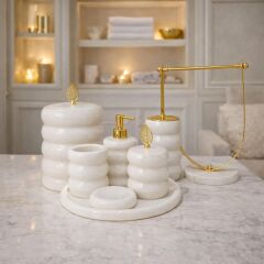 Beyaz Mermer Bambu 7li Banyo Seti