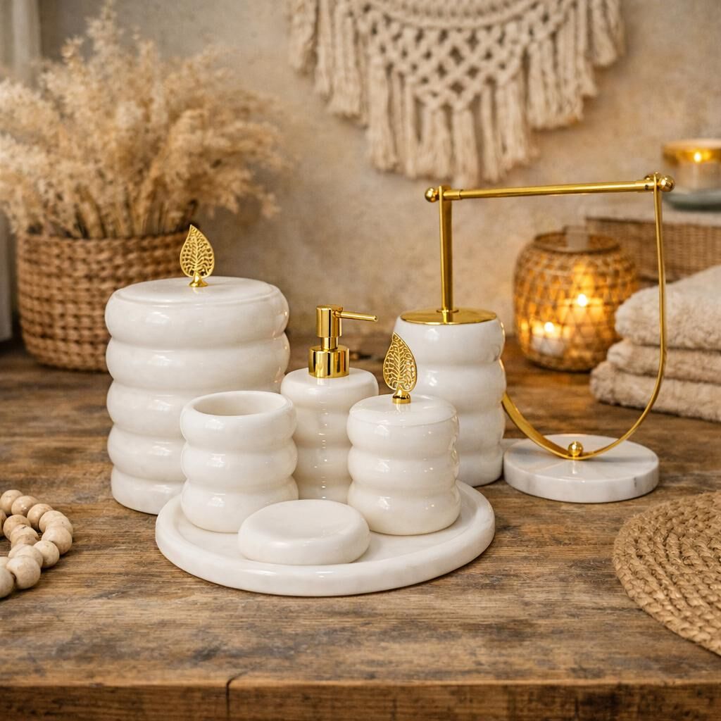 Beyaz Mermer Bambu 7li Banyo Seti