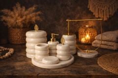 Beyaz Mermer Bambu 7li Banyo Seti