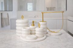 Beyaz Mermer Bambu 7li Banyo Seti