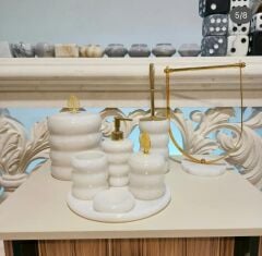 Beyaz Mermer Bambu 7li Banyo Seti